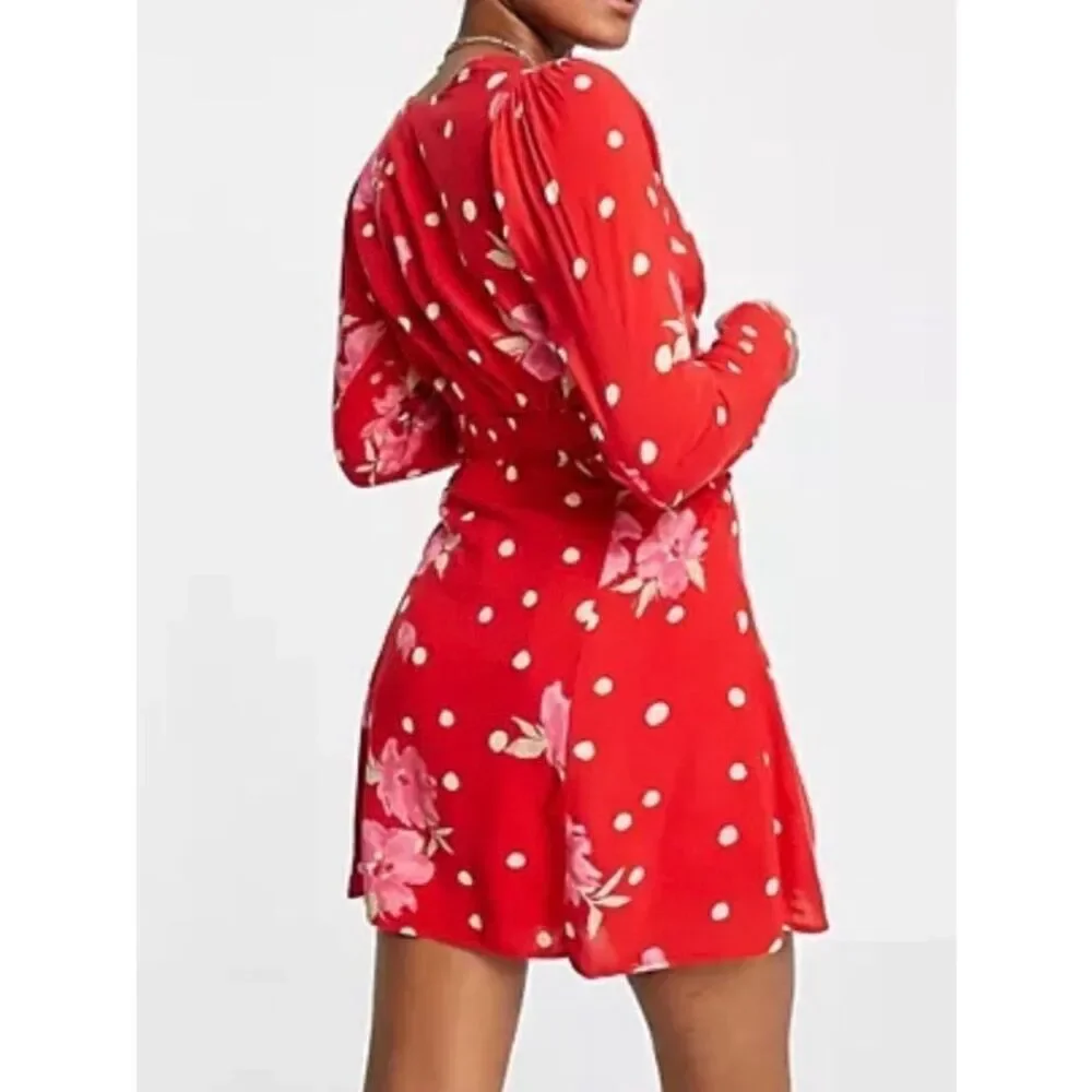 NET Free People Red Floral Button Down Ruched Side Dress Size: L Free People